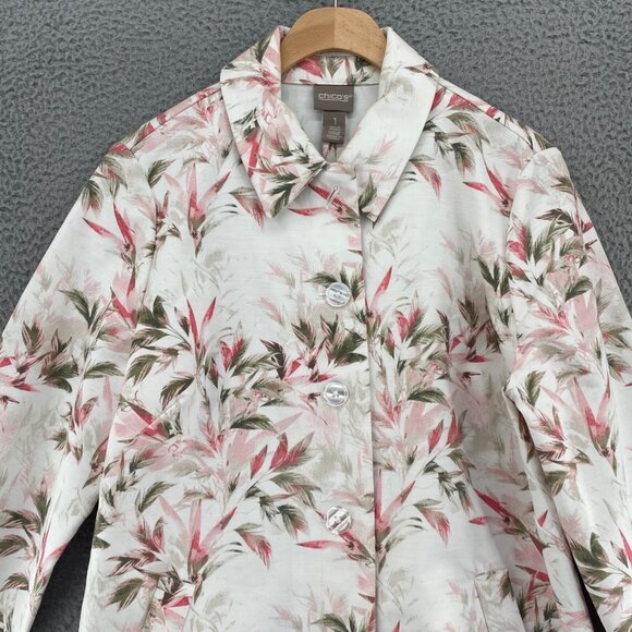 Chicos Jacket Womens 1 US Small Summer Grove Ivory Pink Floral Button Up Collar - Picture 2 of 12